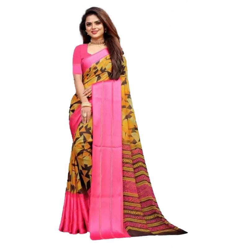 Mayawye Women's Satin Patta Printed Saree With Unstitched Blouse (Pink)