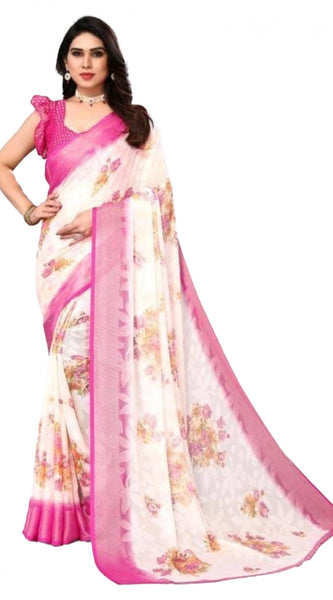 Mayawye Women's Viscose Rayon Printed Saree With Unstitched Blouse (Pink)