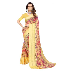 Mayawye Women's Satin Patta Printed Saree With Unstitched Blouse (Yellow)