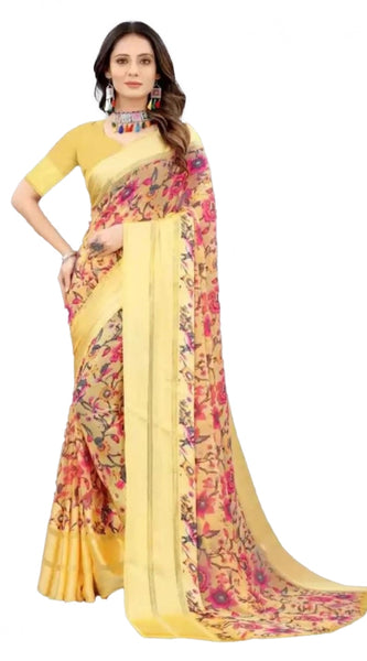Mayawye Women's Satin Patta Printed Saree With Unstitched Blouse (Yellow)