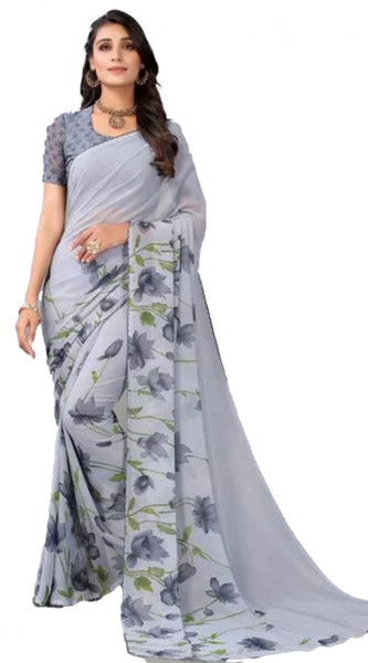 Mayawye Women's Georgette Printed Saree With Unstitched Blouse (Grey)
