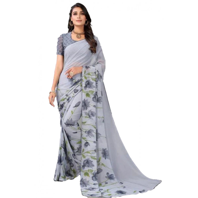 Mayawye Women's Georgette Printed Saree With Unstitched Blouse (Grey)