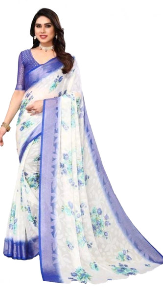 Mayawye Women's Viscose Rayon Printed Saree With Unstitched Blouse (Blue)