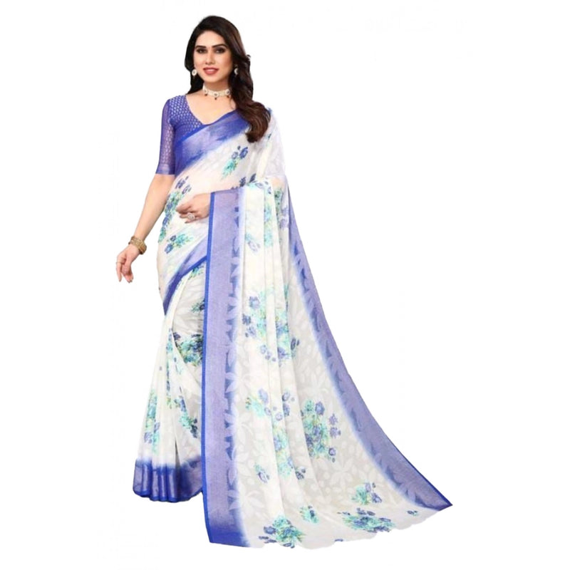 Mayawye Women's Viscose Rayon Printed Saree With Unstitched Blouse (Blue)