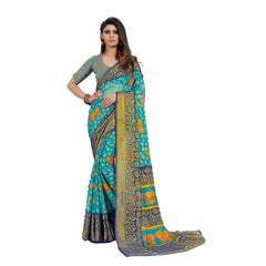 Mayawye Women's Viscose Rayon Printed Saree With Unstitched Blouse (Sky Blue)