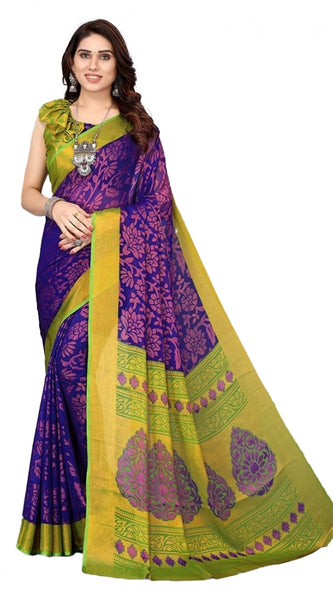 Mayawye Women's Viscose Rayon Printed Saree With Unstitched Blouse (Blue)