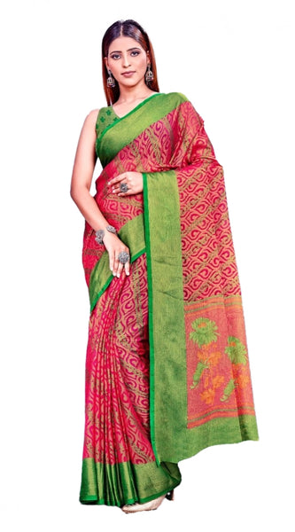 Mayawye Women's Viscose Rayon Printed Saree With Unstitched Blouse (Pink)