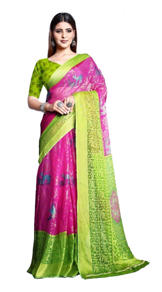 Mayawye Women's Viscose Rayon Printed Saree With Unstitched Blouse (Pink)