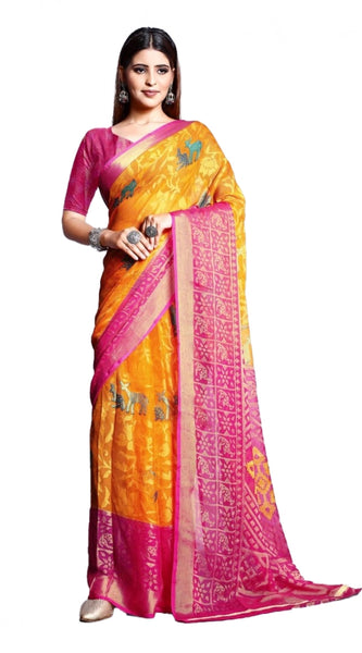 Mayawye Women's Viscose Rayon Printed Saree With Unstitched Blouse (Yellow)