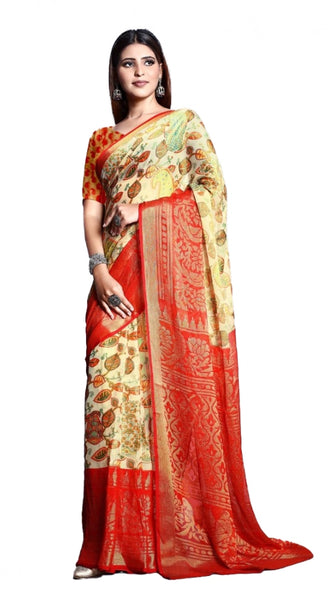 Mayawye Women's Viscose Rayon Printed Saree With Unstitched Blouse (Red)