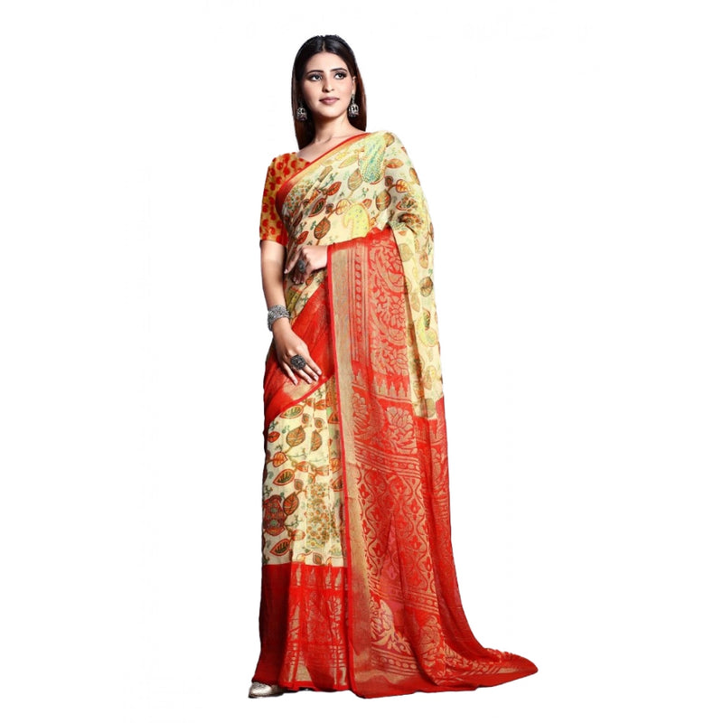 Mayawye Women's Viscose Rayon Printed Saree With Unstitched Blouse (Red)