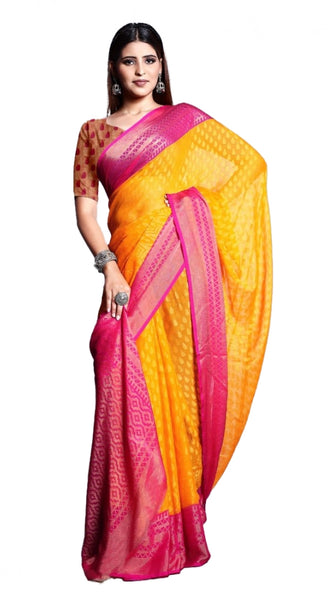 Mayawye Women's Viscose Rayon Printed Saree With Unstitched Blouse (Yellow)