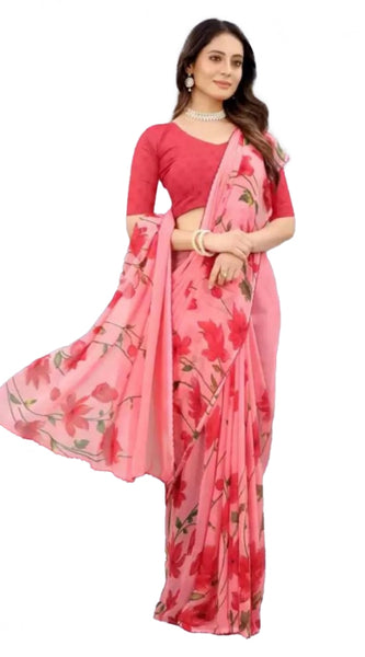 Mayawye Women's Georgette Printed Saree With Unstitched Blouse (Red)
