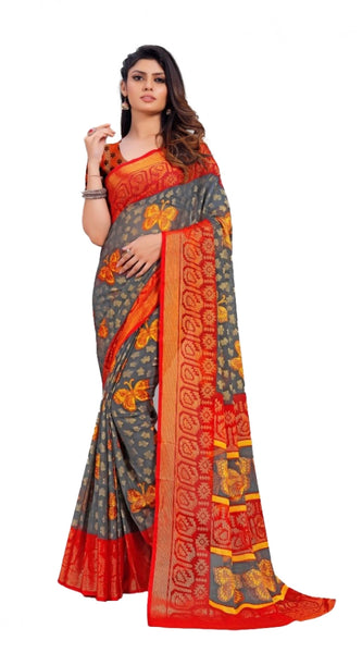 Mayawye Women's Viscose Rayon Printed Saree With Unstitched Blouse (Grey)