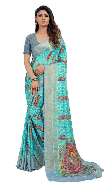 Mayawye Women's Viscose Rayon Printed Saree With Unstitched Blouse (Sky Blue)