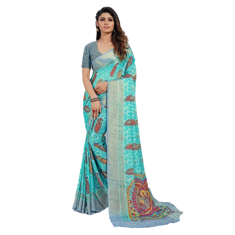 Mayawye Women's Viscose Rayon Printed Saree With Unstitched Blouse (Sky Blue)
