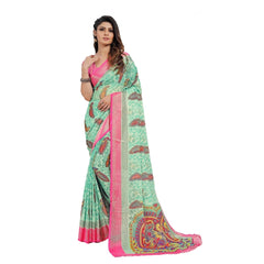 Mayawye Women's Viscose Rayon Printed Saree With Unstitched Blouse (Teal)