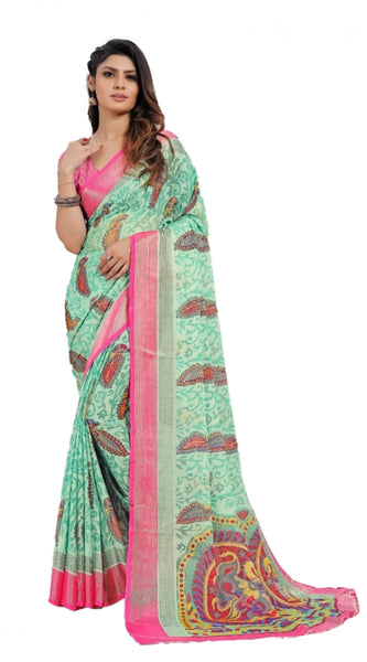 Mayawye Women's Viscose Rayon Printed Saree With Unstitched Blouse (Teal)