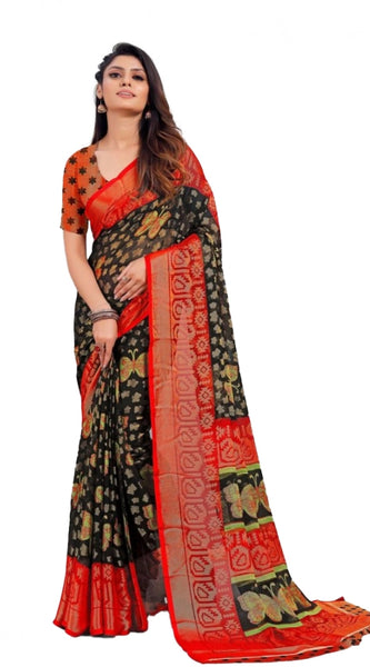 Mayawye Women's Viscose Rayon Printed Saree With Unstitched Blouse (Black)