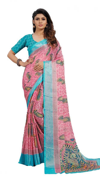 Mayawye Women's Viscose Rayon Printed Saree With Unstitched Blouse (Pink)