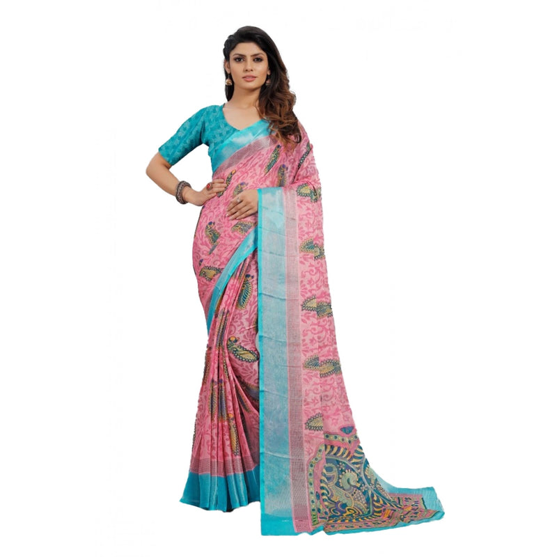 Mayawye Women's Viscose Rayon Printed Saree With Unstitched Blouse (Pink)