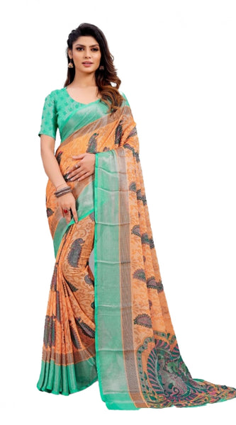 Mayawye Women's Viscose Rayon Printed Saree With Unstitched Blouse (Orange)