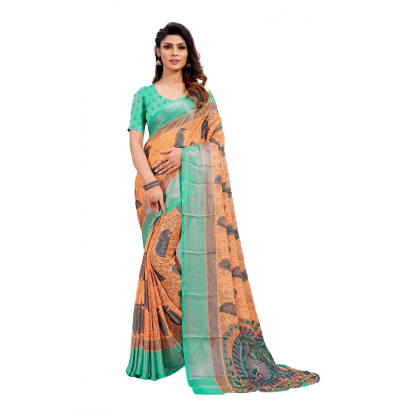 Mayawye Women's Viscose Rayon Printed Saree With Unstitched Blouse (Orange)