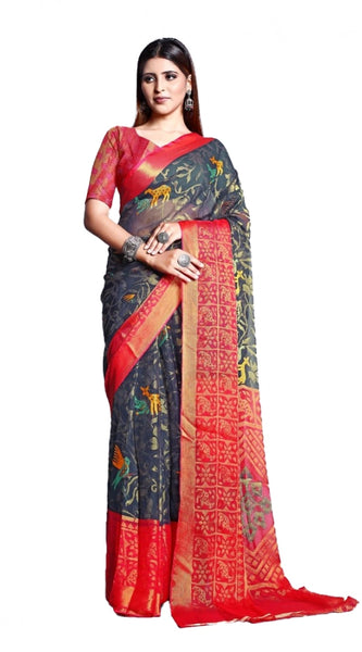 Mayawye Women's Viscose Rayon Printed Saree With Unstitched Blouse (Grey)