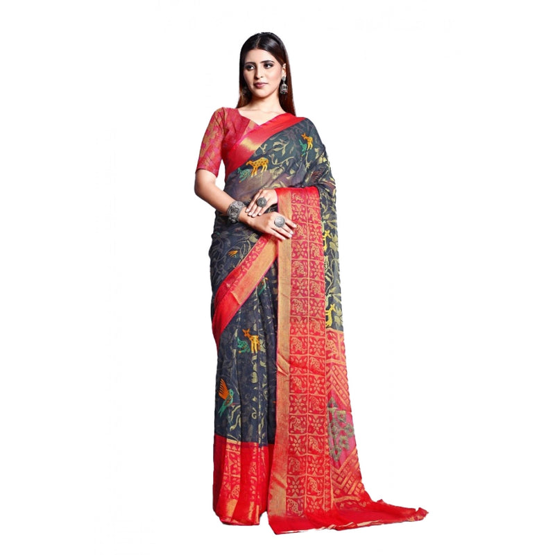 Mayawye Women's Viscose Rayon Printed Saree With Unstitched Blouse (Grey)