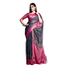Mayawye Women's Viscose Rayon Printed Saree With Unstitched Blouse (Navy Blue)