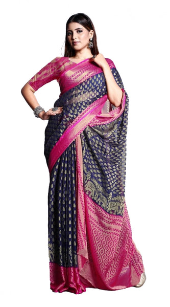 Mayawye Women's Viscose Rayon Printed Saree With Unstitched Blouse (Navy Blue)