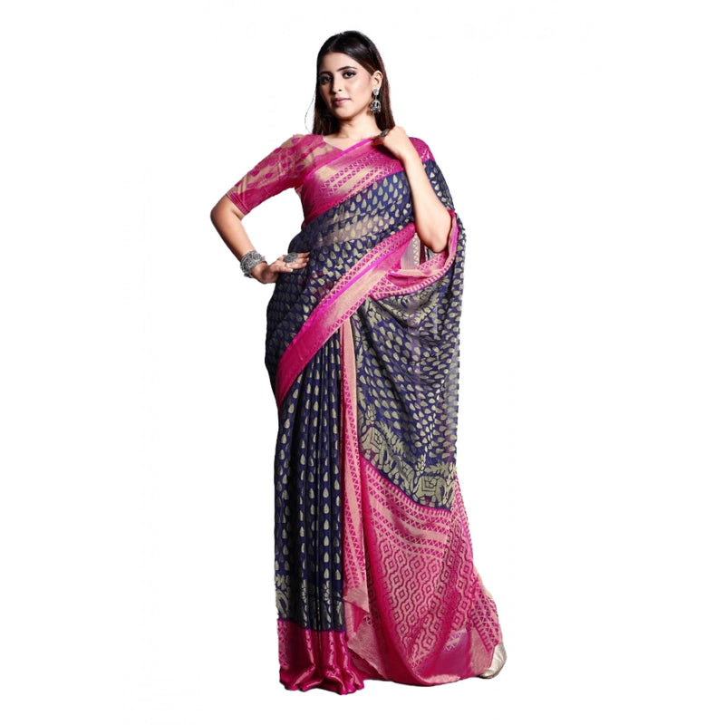 Mayawye Women's Viscose Rayon Printed Saree With Unstitched Blouse (Navy Blue)