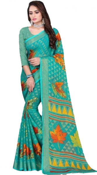 Mayawye Women's Viscose Rayon Printed Saree With Unstitched Blouse (Teal)