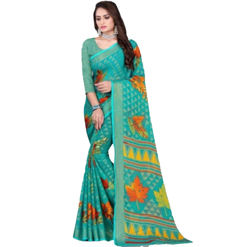 Mayawye Women's Viscose Rayon Printed Saree With Unstitched Blouse (Teal)