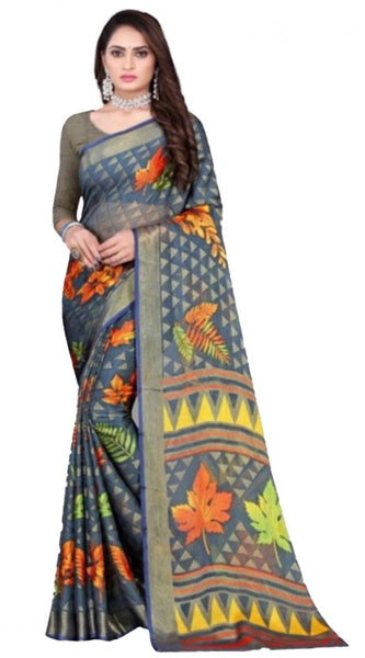 Mayawye Women's Viscose Rayon Printed Saree With Unstitched Blouse (Grey)