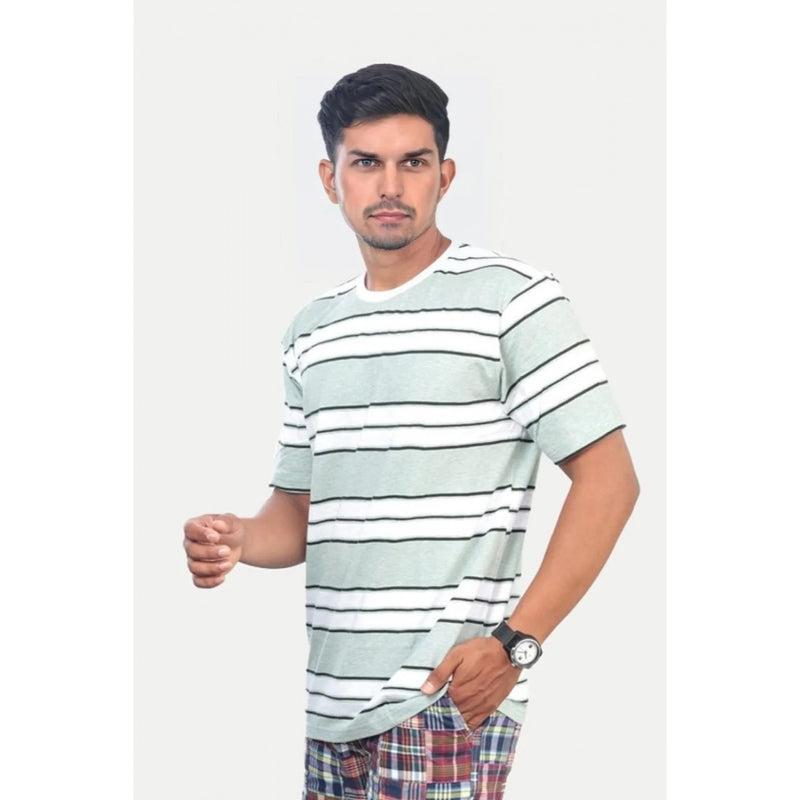 Mayawye Men's Casual Half sleeve Stripped Cotton Crew Neck T-shirt (White )