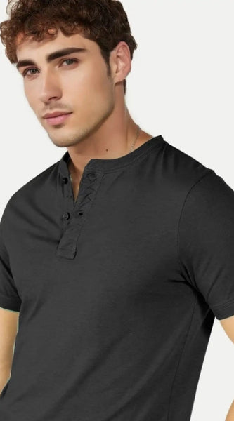 Mayawye Men's Casual Half sleeve Solid Cotton Henley Neck T-shirt (Black)