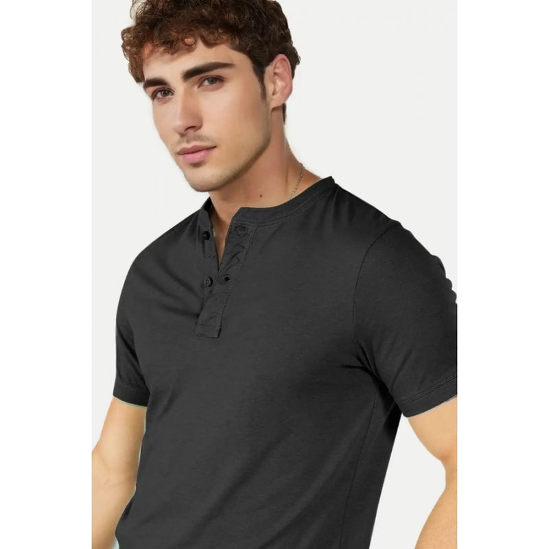Mayawye Men's Casual Half sleeve Solid Cotton Henley Neck T-shirt (Black)