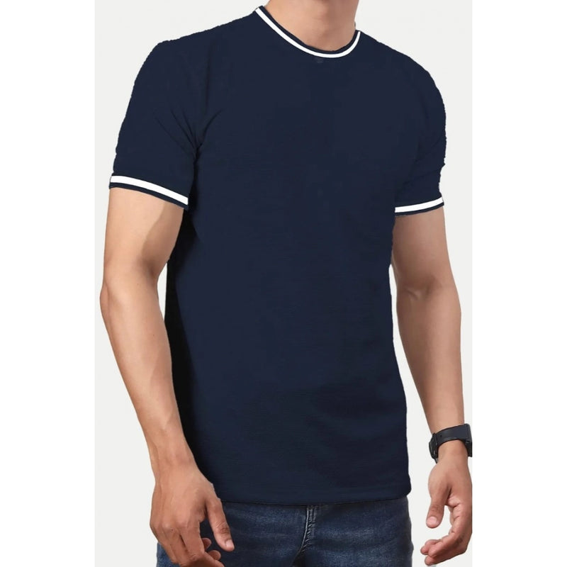 Mayawye Men's Casual Half sleeve Solid Polyester Crew Neck T-shirt (Navy)
