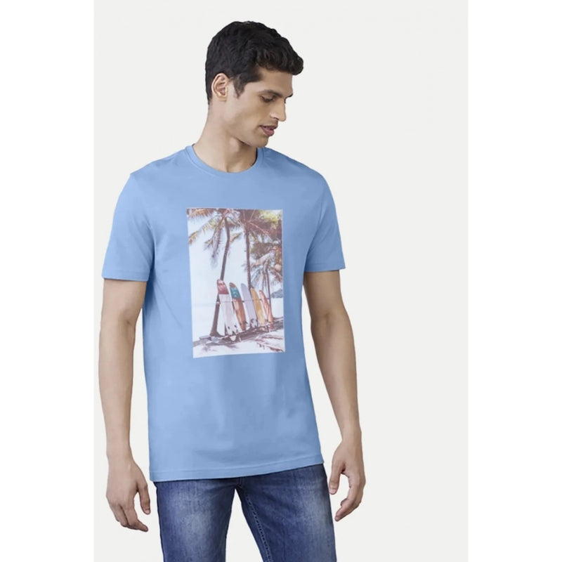 Mayawye Men's Casual Half sleeve Digital Printed Cotton Crew Neck T-shirt (Sky Blue)