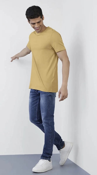 Mayawye Men's Casual Half sleeve Solid Polyester Crew Neck T-shirt (Sand)