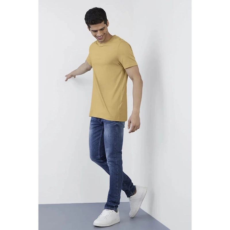 Mayawye Men's Casual Half sleeve Solid Polyester Crew Neck T-shirt (Sand)