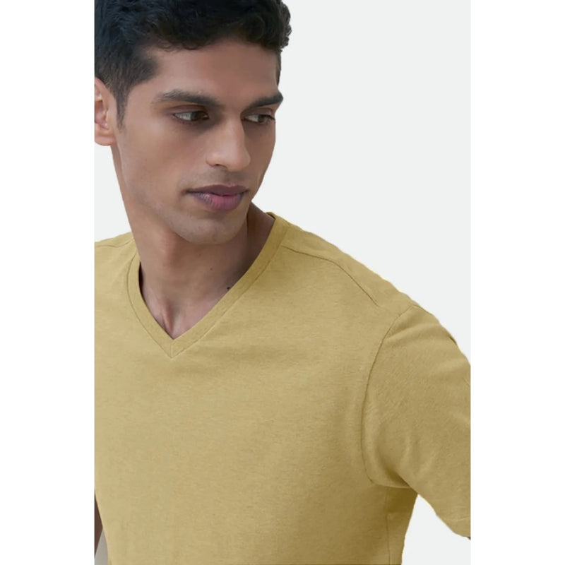 Mayawye Men's Casual Half sleeve Solid Cotton V Neck T-shirt (Sand)