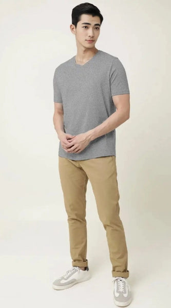 Mayawye Men's Casual Half sleeve Solid Cotton V Neck T-shirt (Grey Melange)