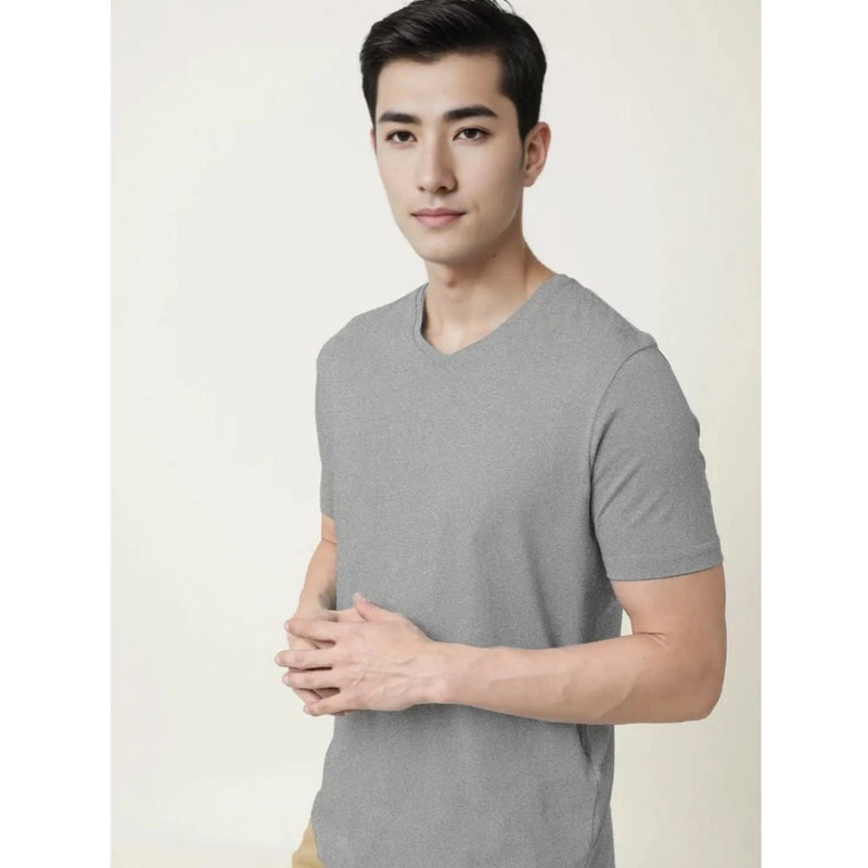 Mayawye Men's Casual Half sleeve Solid Cotton V Neck T-shirt (Grey Melange)