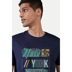 Mayawye Men's Casual Half sleeve Printed Polyester Crew Neck T-shirt (Navy)