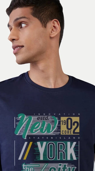 Mayawye Men's Casual Half sleeve Printed Polyester Crew Neck T-shirt (Navy)