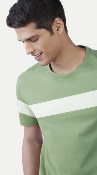 Mayawye Men's Casual Half sleeve Stripped Cotton Crew Neck T-shirt (Light Green)