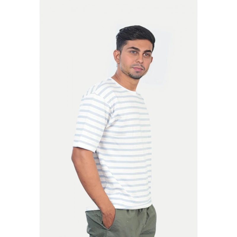 Mayawye Men's Casual Half sleeve Stripped Cotton Crew Neck T-shirt (White)