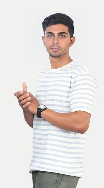 Mayawye Men's Casual Half sleeve Stripped Cotton Crew Neck T-shirt (White)